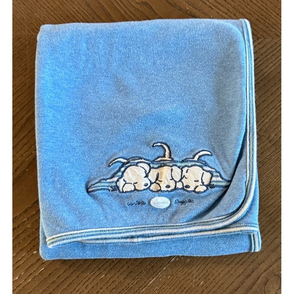 Carters Classics Puppies Puppy Dogs Blue Striped Back Baby Blanket Cotton